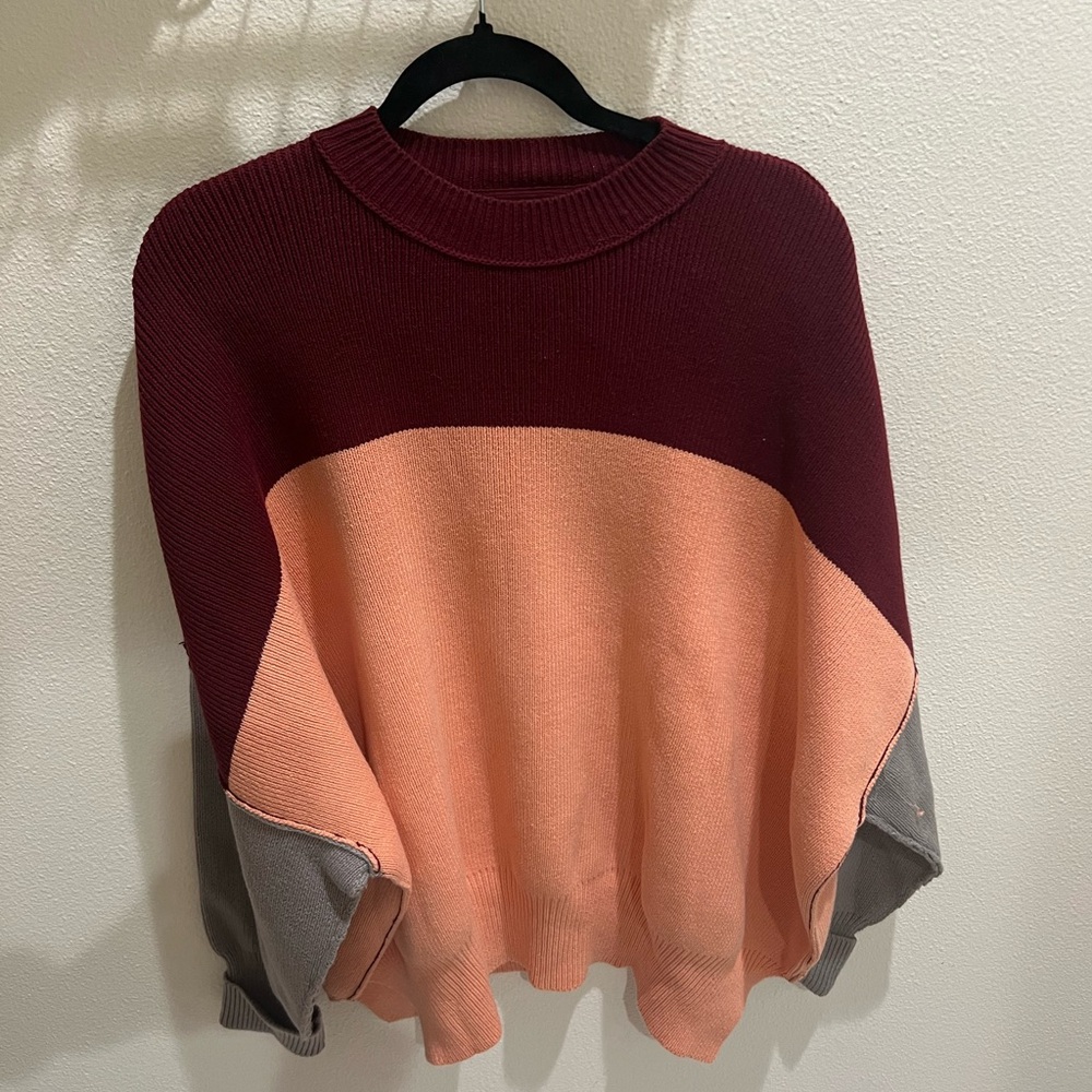 Free People Colorblock Sweater - Burgundy, Peach, and Gray - Oversized